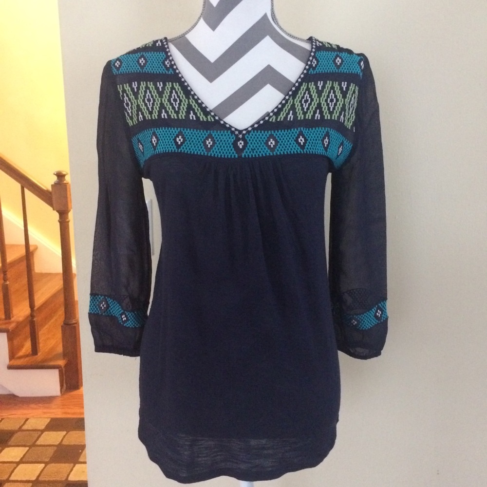 Lucky Brand navy top with sheer sleeves